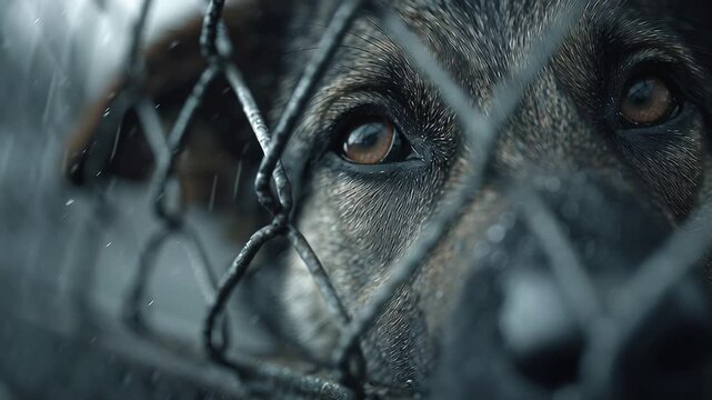 Close-up of a dog&rsquo;s face behind a metal fence, capturing expressive eyes in soft focus. Ideal for animal welfare and emotional storytelling themes.