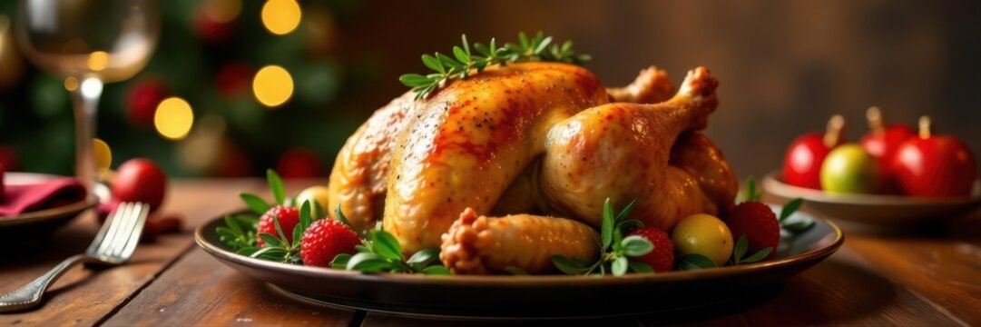 Golden roasted poultry centerpiece, Christmas feast setting , candles, garland