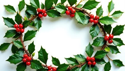 Fototapeta premium Lush holly wreath with abundant berries, pristine white backdrop Ideal for festive projects , high resolution, stock image