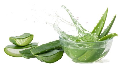 Fresh aloe vera leaves splashing in aloe vera juice on AI Generated