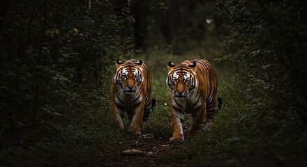 Two Bengal Tigers Walking Through Dense Jungle Forest During Daylight