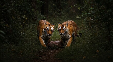 Two Tigers Walking Through Dense Forest in Natural Lighting