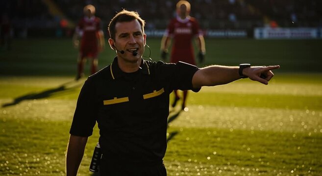 A soccer referee in black uniform pointing his finger on the field during a soccer game action scene