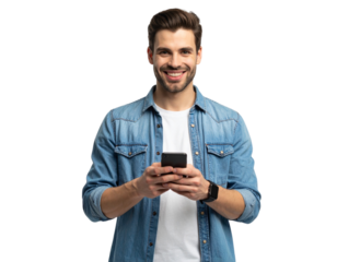 Smiling Young Man Looking at Mobile Phone Screen with Both Hands, Isolated on White