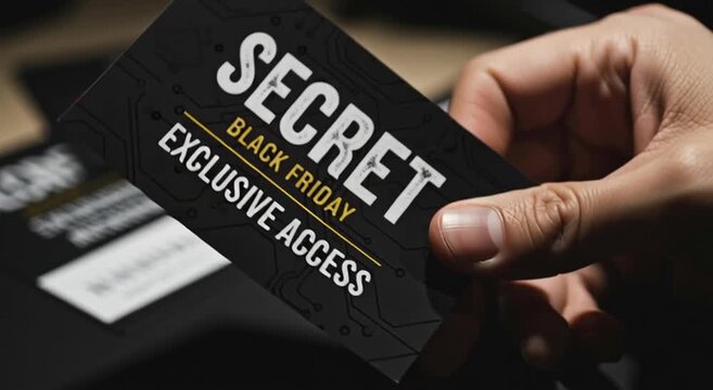 Hand holding a black friday exclusive access card with secret written in white bold letters