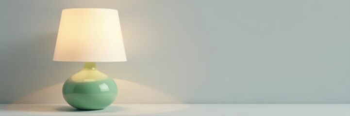 Small green base table lamp, white lampshade, light gray backdrop , desk lamp, serene, gray