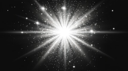 Fototapeta premium Bright white light burst radiating outward from a central point on a black background.