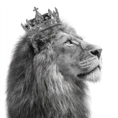 A regal lion, adorned with a crown, gazes upward in a powerful monochrome portrait.
