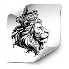 A regal lion's head, adorned with a crown, features a detailed, artistic illustration in monochrome.