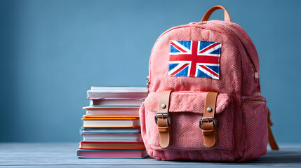 Student's backpack, books and the flag of Great Britain on the background. The concept of advertising, banner: Language courses or studying at a university in the UK. Copy space.