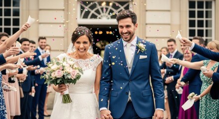 A radiantly happy bride and groom smile as they walk through a shower of colorful confetti thrown by guests after their wedding ceremony.