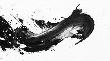 Abstract black paint stroke with splashes on white canvas, creating dynamic movement and texture, ideal for artistic backgrounds and creative design projects