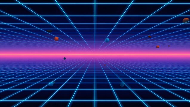 Dynamic neon grid landscape with glowing horizon and abstract spheres evokes a retro futuristic digital world experience