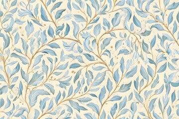 Serene watercolor botanical pattern with delicate blue leaves and branches on a soft cream background creating a peaceful, natural ambiance
