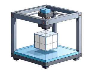 3D Printer Device Icon in Flat Minimal Style with Cube Model, isolated on transparent background