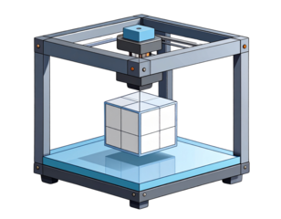 3D Printer Device Icon in Flat Minimal Style with Cube Model, isolated on transparent background