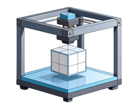 3D Printer Device Icon in Flat Minimal Style with Cube Model, isolated on transparent background - Powered by Adobe