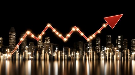 A financial visualization showcases a downward trend in stock prices with red arrows and bar graphs overlaying a city business center, illustrating market fluctuations and economic concerns