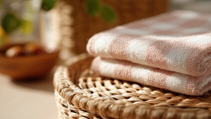 Obraz premium Stacked, pink-and-white checkered towels on a woven tray, sunlight