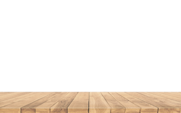 Empty wooden plank surface with a light brown wood grain texture and a clear horizontal line separating it from a black void isolated on transparent background