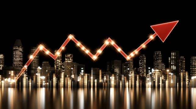 A financial visualization showcases a downward trend in stock prices with red arrows and bar graphs overlaying a city business center, illustrating market fluctuations and economic concerns