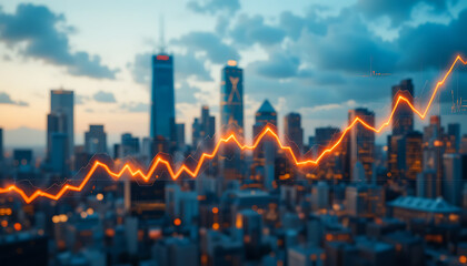 City Skyline with Glowing Financial Line Chart Economy Growth Urban Development Concept