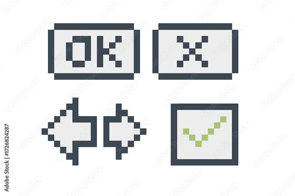 Poster pixel art buttons for digital interface displaying ok, x, left-right arrows, and check mark