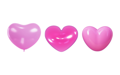 Three vibrant pink heart shaped balloons in varying shades of pink isolated on a transparent background for festive decoration isolated on transparent background