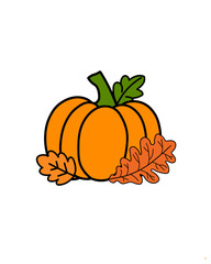 Pumpkin with Autumn Leaves Illustration – Fall Harvest Halloween Thanksgiving Clipart PNG