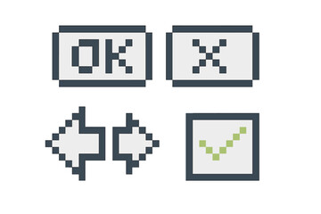 Fototapeta premium Pixel art buttons for digital interface displaying OK, X, left-right arrows, and check mark