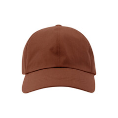 A plain brown baseball cap with a curved brim shown from the front on a transparent background isolated on transparent background