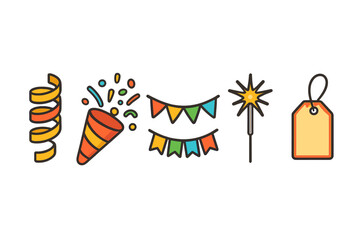 Colorful celebration elements arranged in a fun layout for festive occasions, highlighting joy and excitement in gatherings