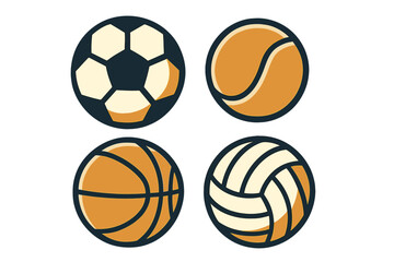Various sports balls displayed in distinct circular designs for soccer, tennis, basketball, and volleyball