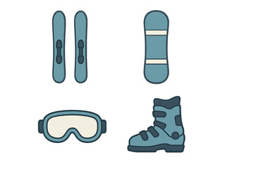 Winter sports gear displayed featuring skis, a snowboard, goggles, and boots for a snowy adventure
