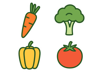 Colorful cartoon vegetables including carrot, broccoli, bell pepper, and tomato arranged in a creative layout