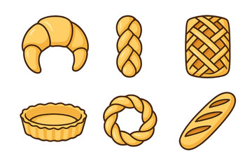 Various types of baked goods including croissant, braided bread, and pie crust on a white background