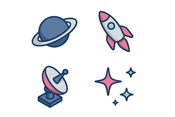 Colorful space-themed illustrations featuring a planet, rocket, satellite dish, and sparkling stars in a simple design