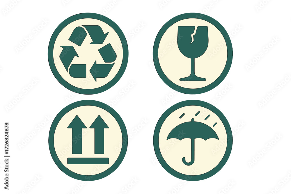 Poster symbols representing recycling and fragile items with a focus on sustainability efforts