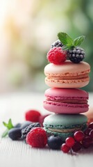 Colorful macarons and berries