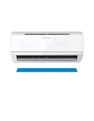 White wall-mounted air conditioner with a blue strip below