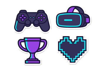 Colorful gaming icons featuring a controller, VR headset, trophy, and heart symbol in a modern design