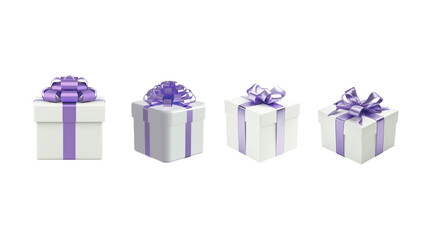 Four elegantly wrapped white gift boxes adorned with vibrant purple ribbons and bows isolated on transparent background