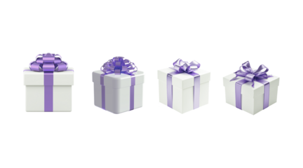 Four elegantly wrapped white gift boxes adorned with vibrant purple ribbons and bows isolated on transparent background
