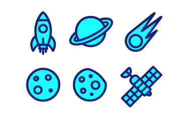 Colorful space icons showing a rocket, planet, comet, moons, and satellite in a simple design on a white background