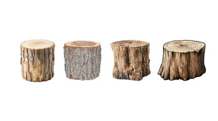 Four rustic wooden tree stumps with textured bark and weathered grain isolated on transparent background for natural design elements