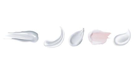 Collection of five cosmetic cream and lotion swatches in various textures and colors isolated on transparent background