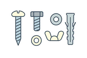 Various types of screws, bolts, washers, and anchors displayed together for hardware applications