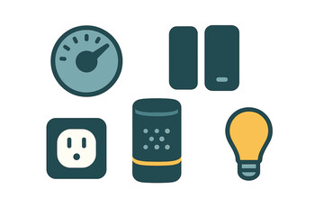 Various smart home devices and technology icons showcasing modern automation and energy management