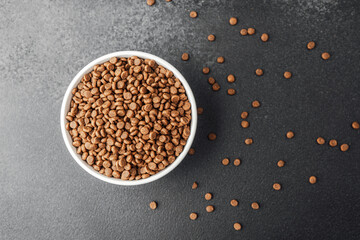 White bowl filled with dry dog food on black background with scattered kibbles