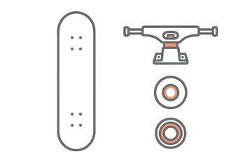 Skateboard parts and assembly components displayed for building a custom board